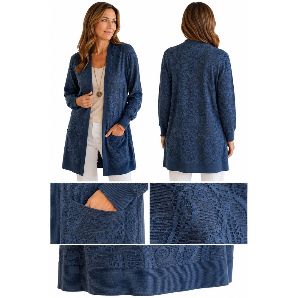 Chico's Blue Paisley Jacquard Open Front Cardigan Sweater Pockets Size 3 XL